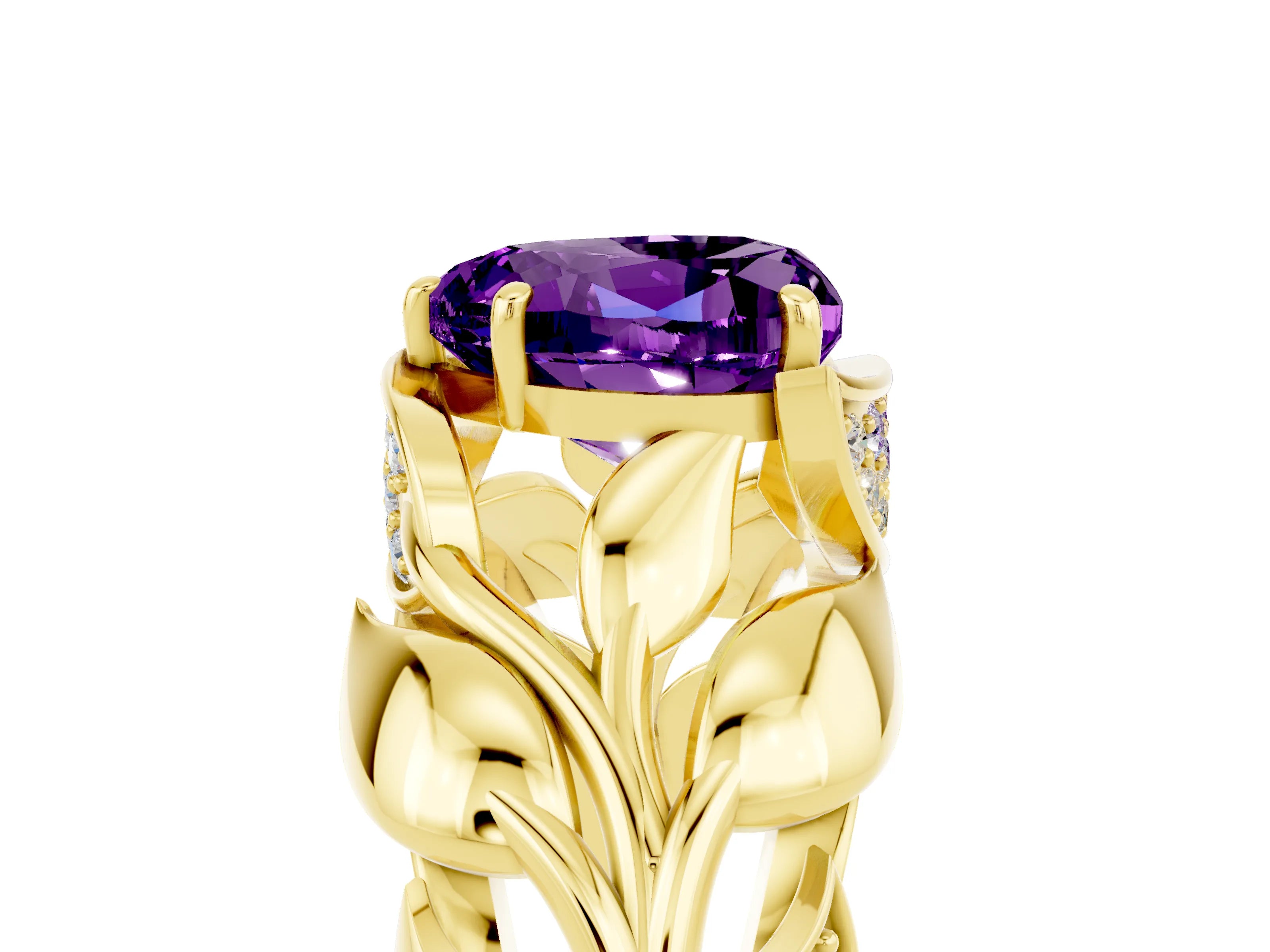 Yellow gold Heart Cut Solitaire Leaf-Inspired Engagement Ring with Prong Setting_5