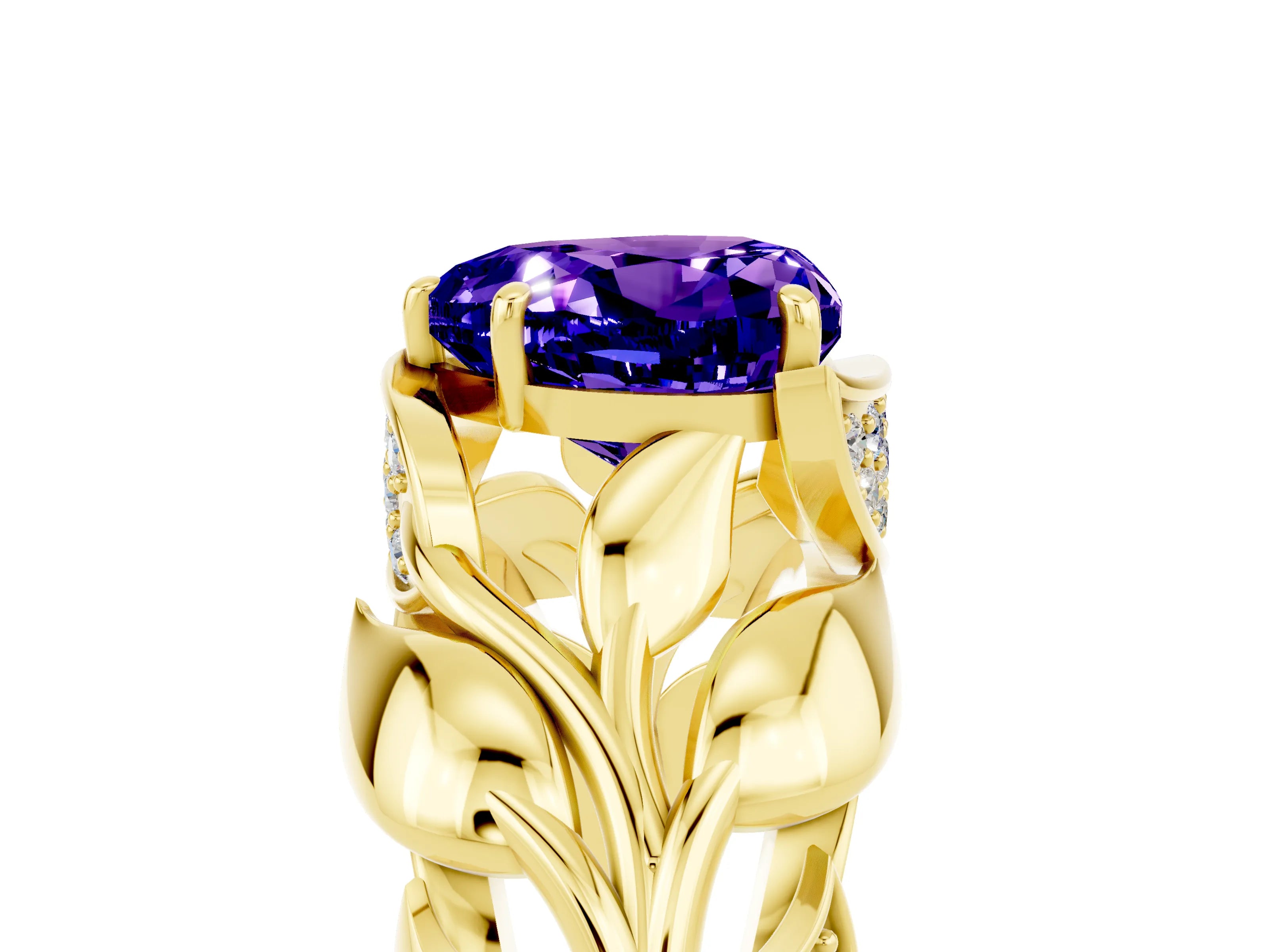 Yellow gold Heart Cut Solitaire Leaf-Inspired Engagement Ring with Prong Setting_5