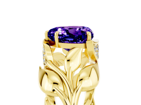 Yellow gold Heart Cut Solitaire Leaf-Inspired Engagement Ring with Prong Setting_5