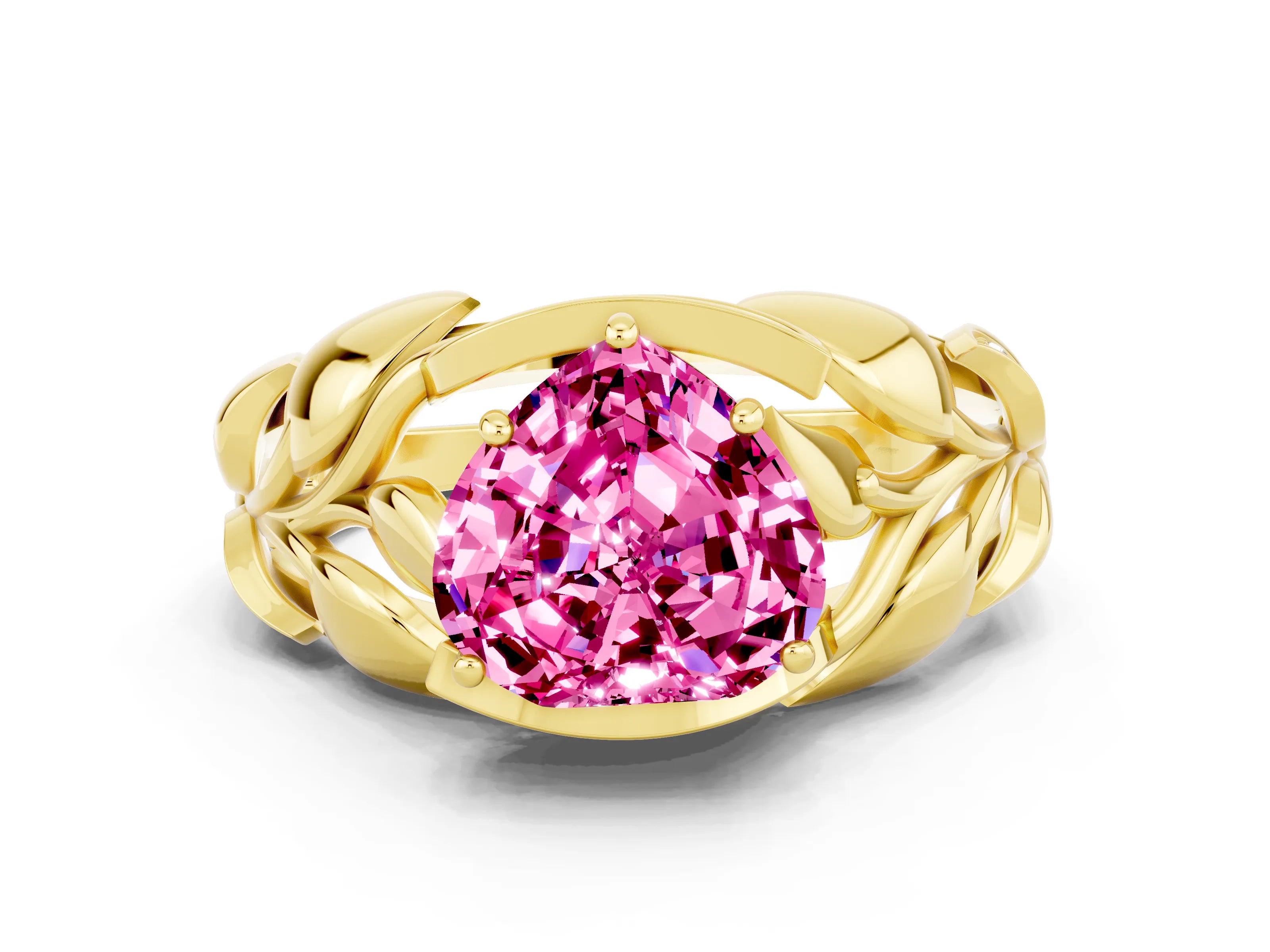 Yellow gold Heart Cut Solitaire Leaf-Inspired Engagement Ring with Prong Setting