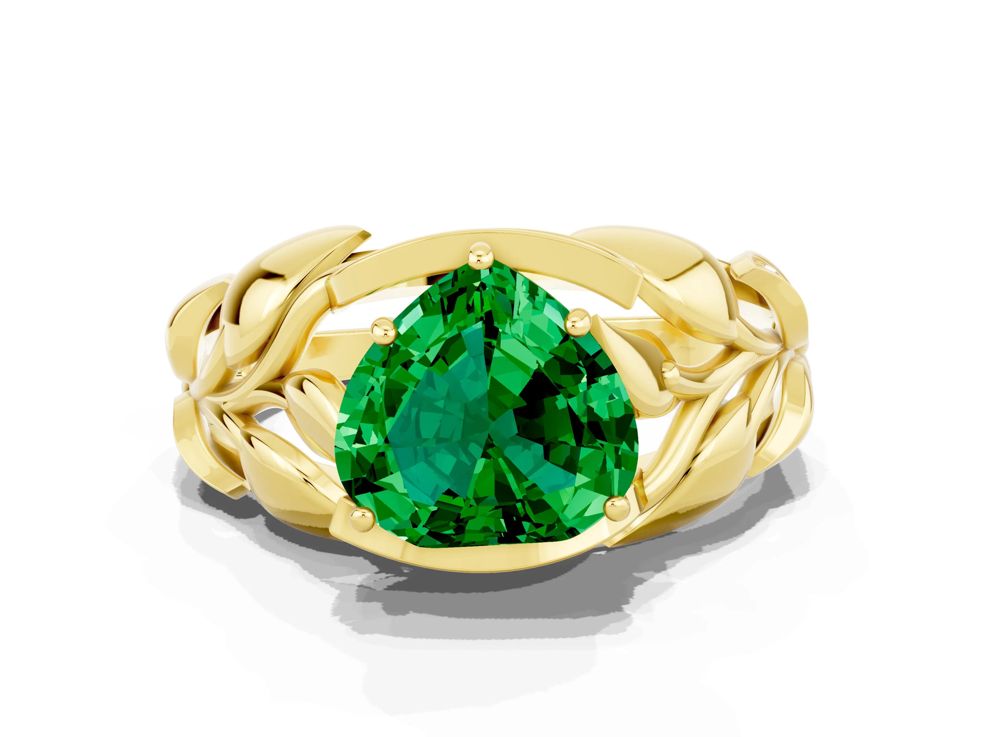 Yellow gold Heart Cut Solitaire Leaf-Inspired Engagement Ring with Prong Setting