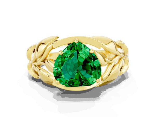 Yellow gold Heart Cut Emerald Leaf-Inspired Engagement Ring with Round Accents and Prong Setting