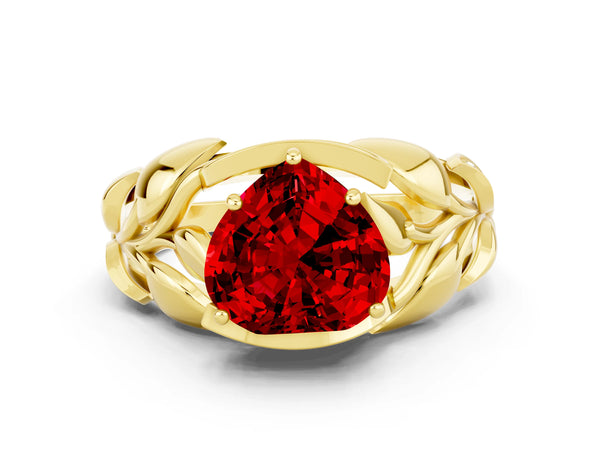 Yellow gold Heart Cut Ruby Leaf-Inspired Engagement Ring with Round Accents and Prong Setting
