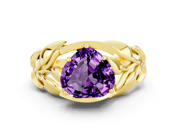 Yellow gold Heart Cut Amethyst Leaf-Inspired Engagement Ring with Round Accents and Prong Setting