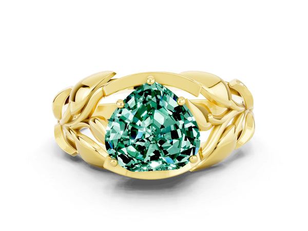 Yellow gold Heart Cut Green Sapphire Leaf-Inspired Engagement Ring with Round Accents and Prong Setting