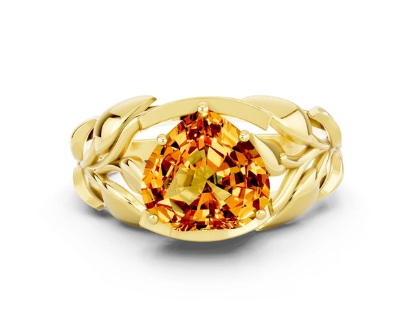 Yellow gold Heart Cut Citrine Leaf-Inspired Engagement Ring with Round Accents and Prong Setting