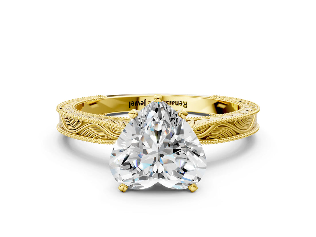 Yellow gold Heart Cut Solitaire Milgrain Engraved Band with Four-Prong Setting_4