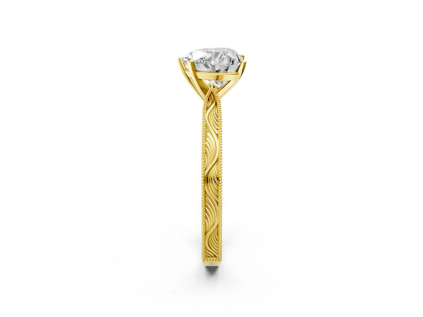 Yellow Gold Heart-Shaped Vintage Solitaire Engagement Ring Setting with Milgrain Engraved Band