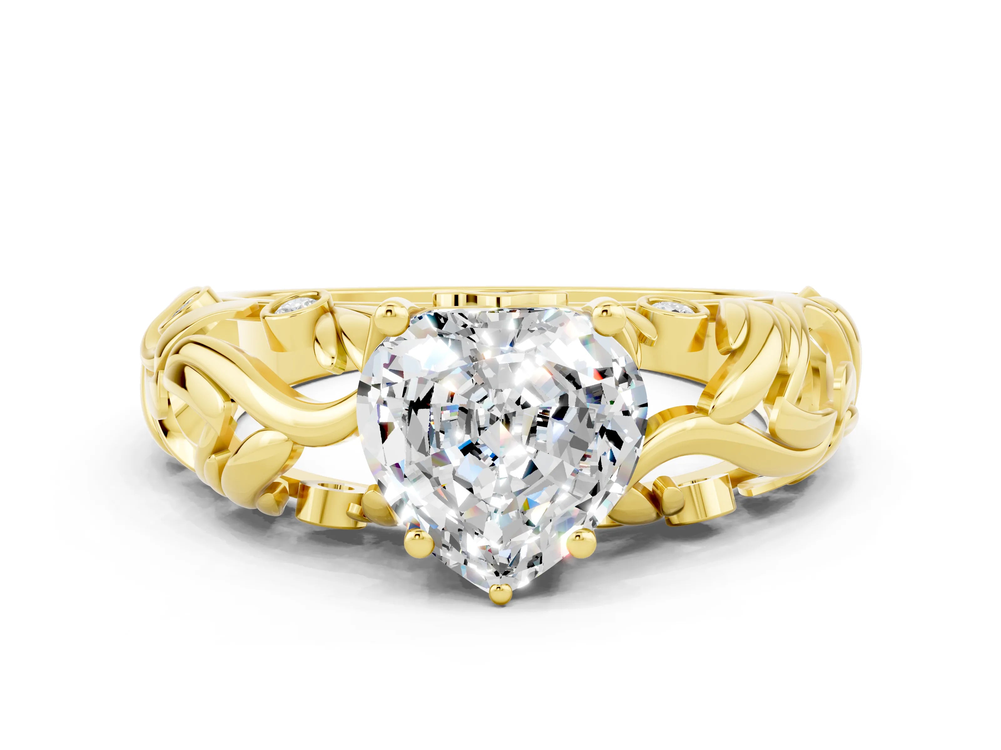 Yellow gold Heart Cut Solitaire Moissanite Leaf-Inspired Vine Band Ring with Prong Setting