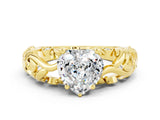 Yellow gold Heart Cut Solitaire Moissanite Leaf-Inspired Vine Band Ring with Prong Setting
