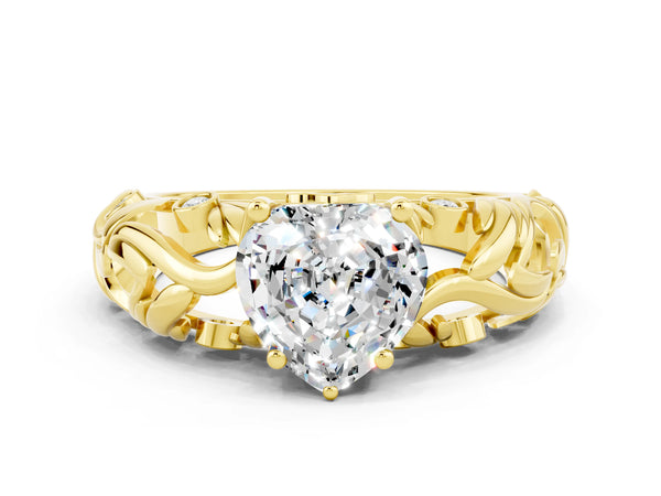 Yellow gold Heart Cut Solitaire Moissanite Leaf-Inspired Vine Band Ring with Prong Setting