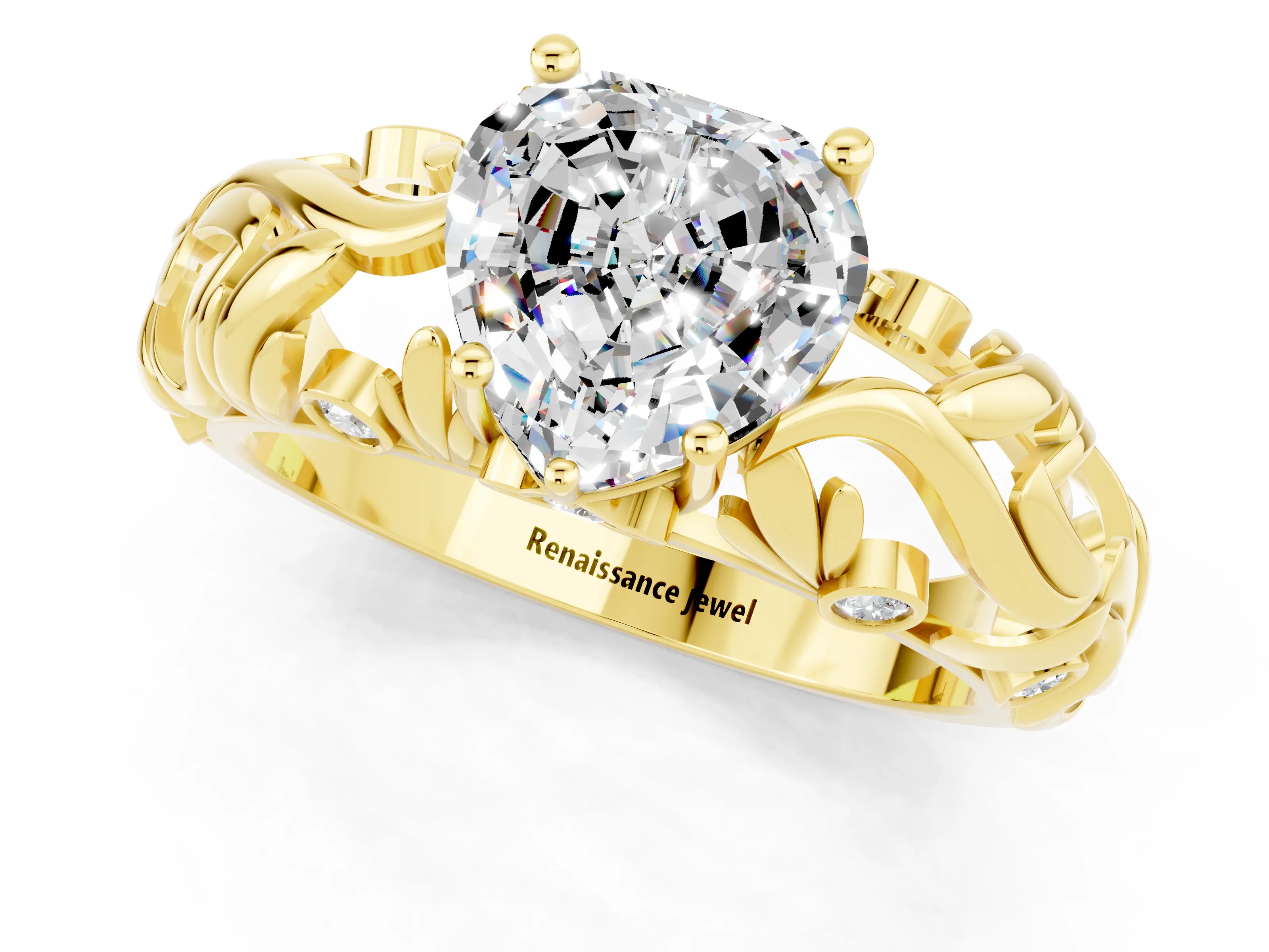 Yellow gold Heart Cut Solitaire Moissanite Leaf-Inspired Vine Band Ring with Prong Setting_1