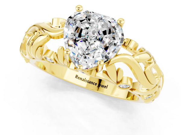 Yellow gold Heart Cut Solitaire Moissanite Leaf-Inspired Vine Band Ring with Prong Setting