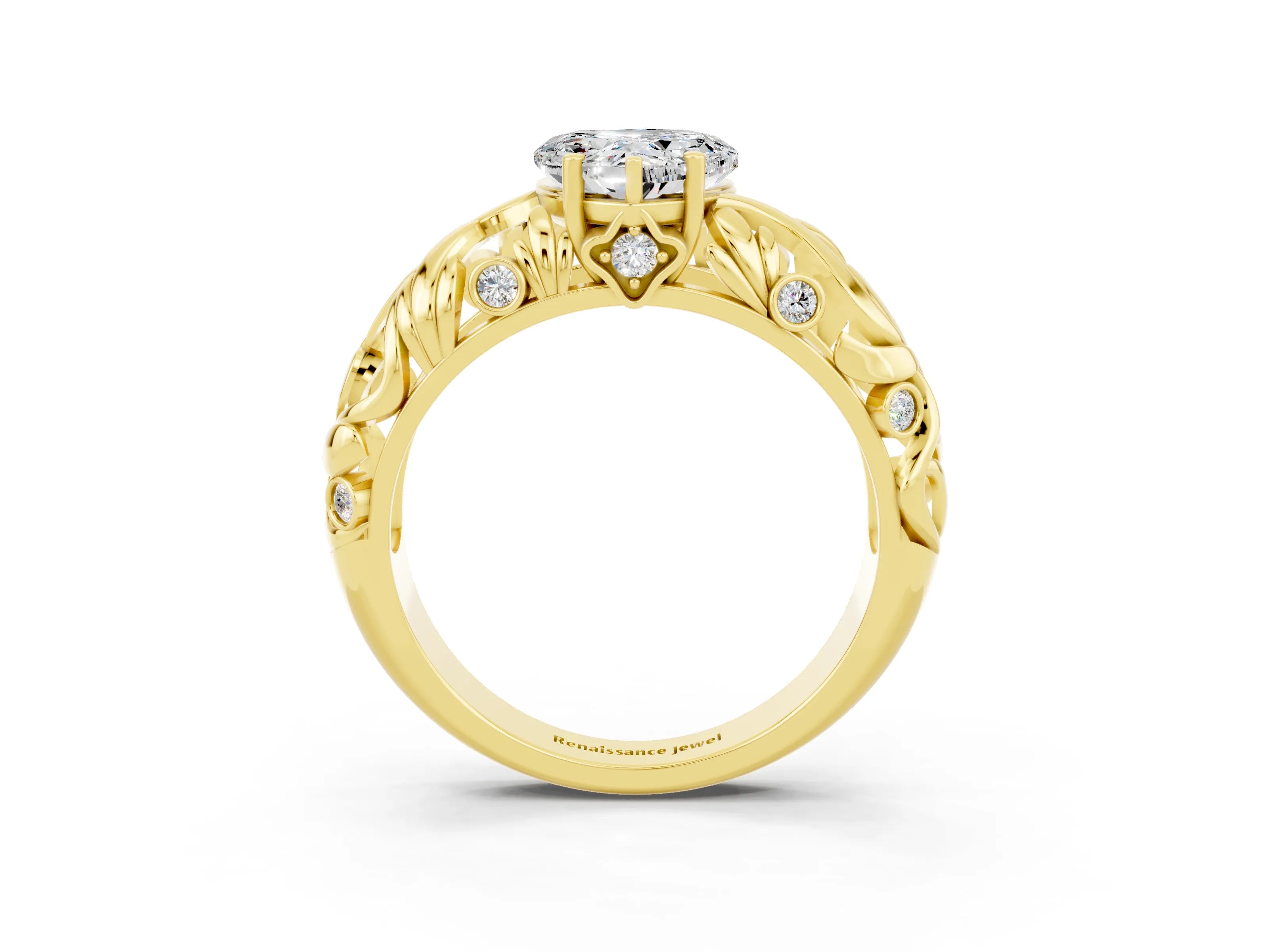 Yellow gold Heart Cut Solitaire Moissanite Leaf-Inspired Vine Band Ring with Prong Setting_3
