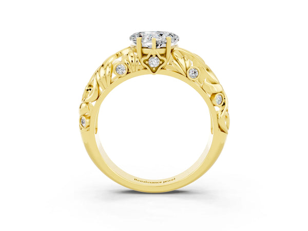 Yellow gold Heart Cut Solitaire Moissanite Leaf-Inspired Vine Band Ring with Prong Setting