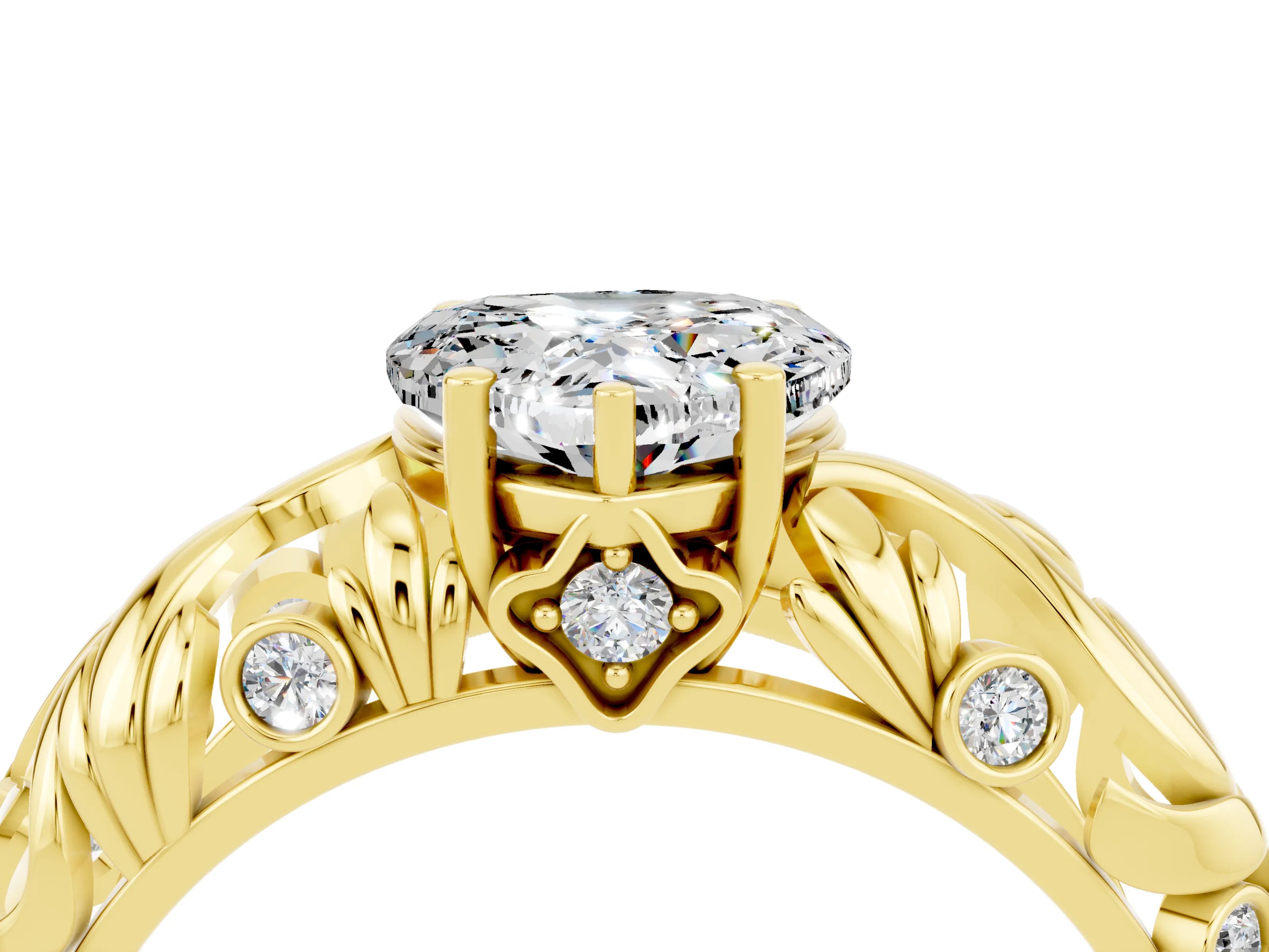 Yellow gold Heart Cut Solitaire Moissanite Leaf-Inspired Vine Band Ring with Prong Setting_4