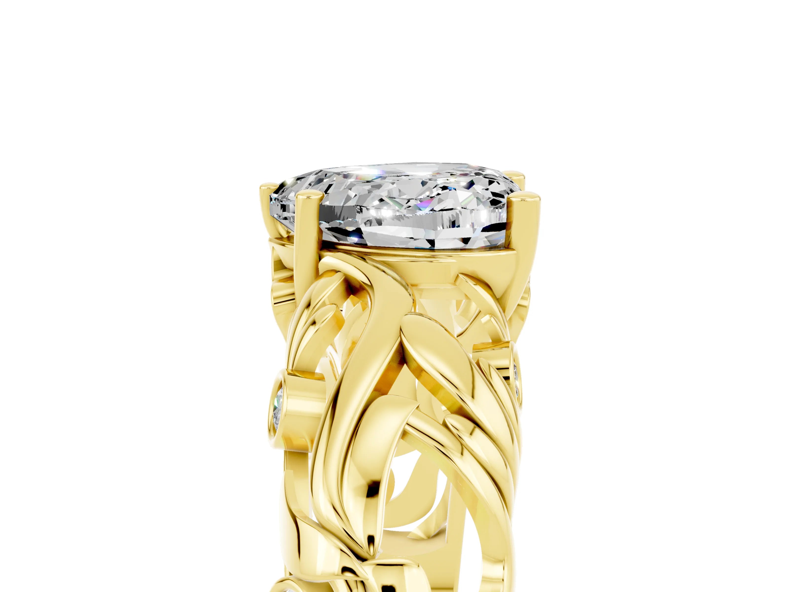 Yellow gold Heart Cut Solitaire Moissanite Leaf-Inspired Vine Band Ring with Prong Setting_5