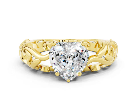 Yellow gold Heart Cut Solitaire Moissanite Leaf-Inspired Vine Band Ring with Prong Setting