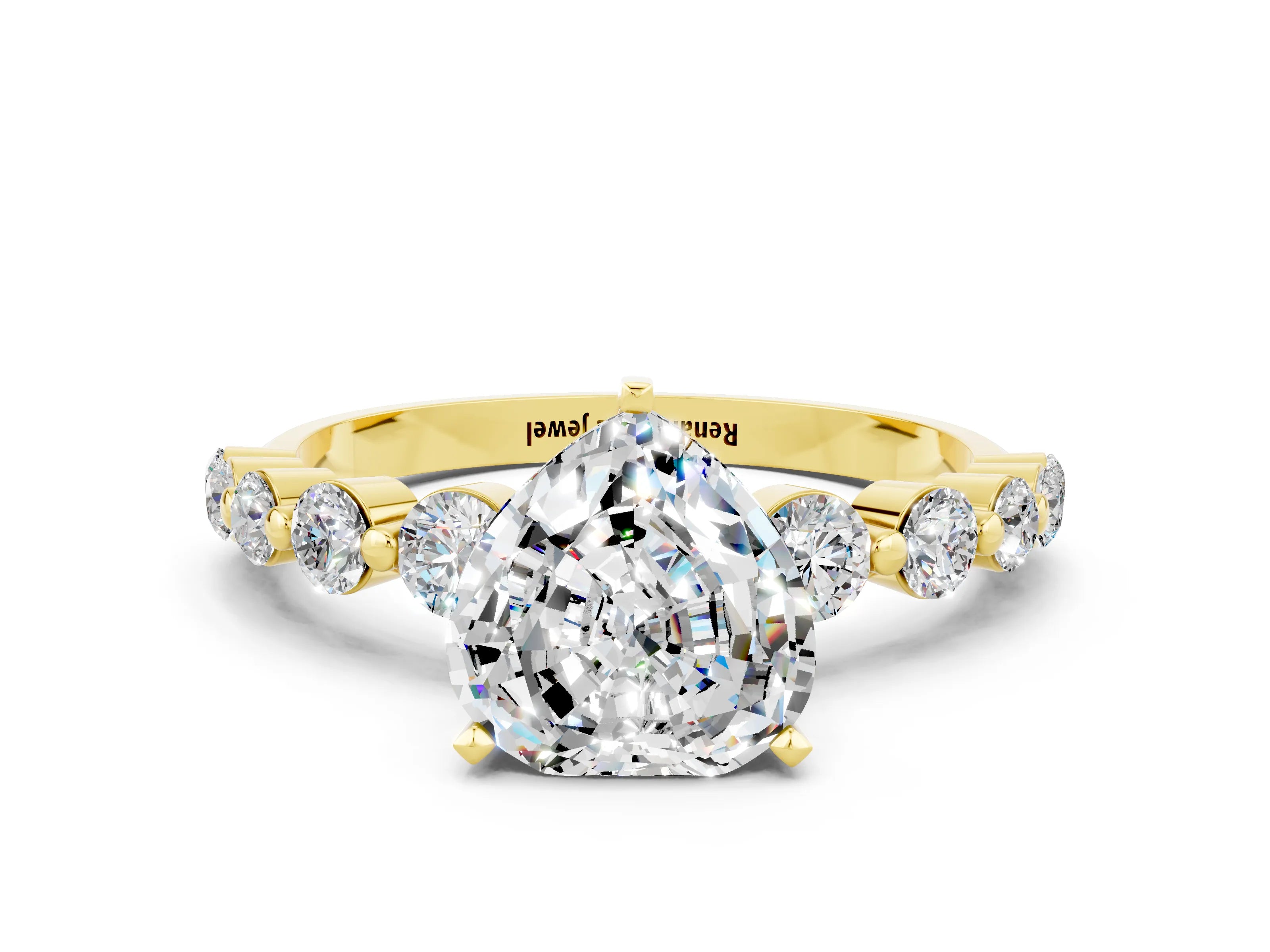 Yellow gold Heart Cut Solitaire Moissanite Ring with Pave Band and Four-Prong Setting