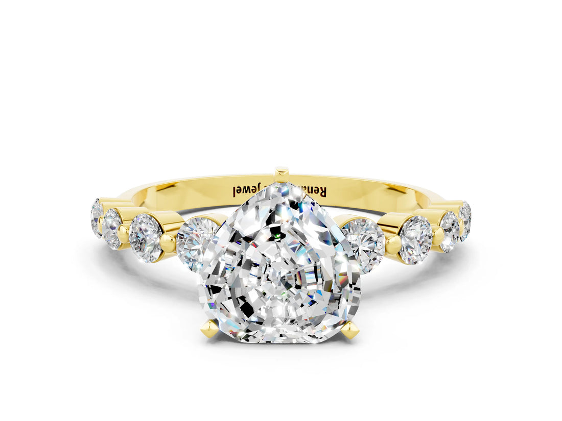 Yellow gold Heart Cut Solitaire Moissanite Ring with Pave Band and Four-Prong Setting