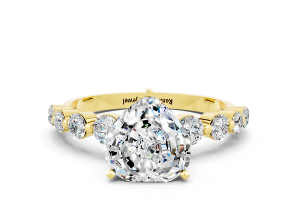Yellow gold Heart Cut Solitaire Moissanite Ring with Pave Band and Four-Prong Setting