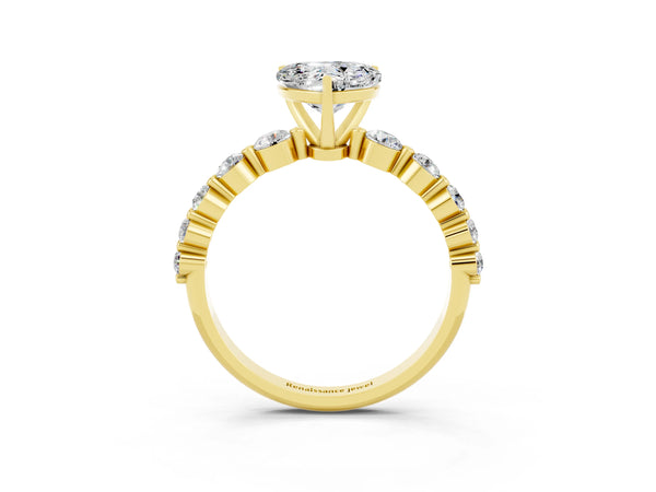 Yellow gold Heart Cut Solitaire Moissanite Ring with Pave Band and Four-Prong Setting