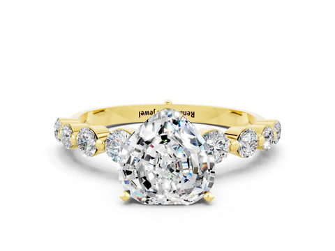 Yellow gold Heart Cut Solitaire Moissanite Ring with Pave Band and Four-Prong Setting