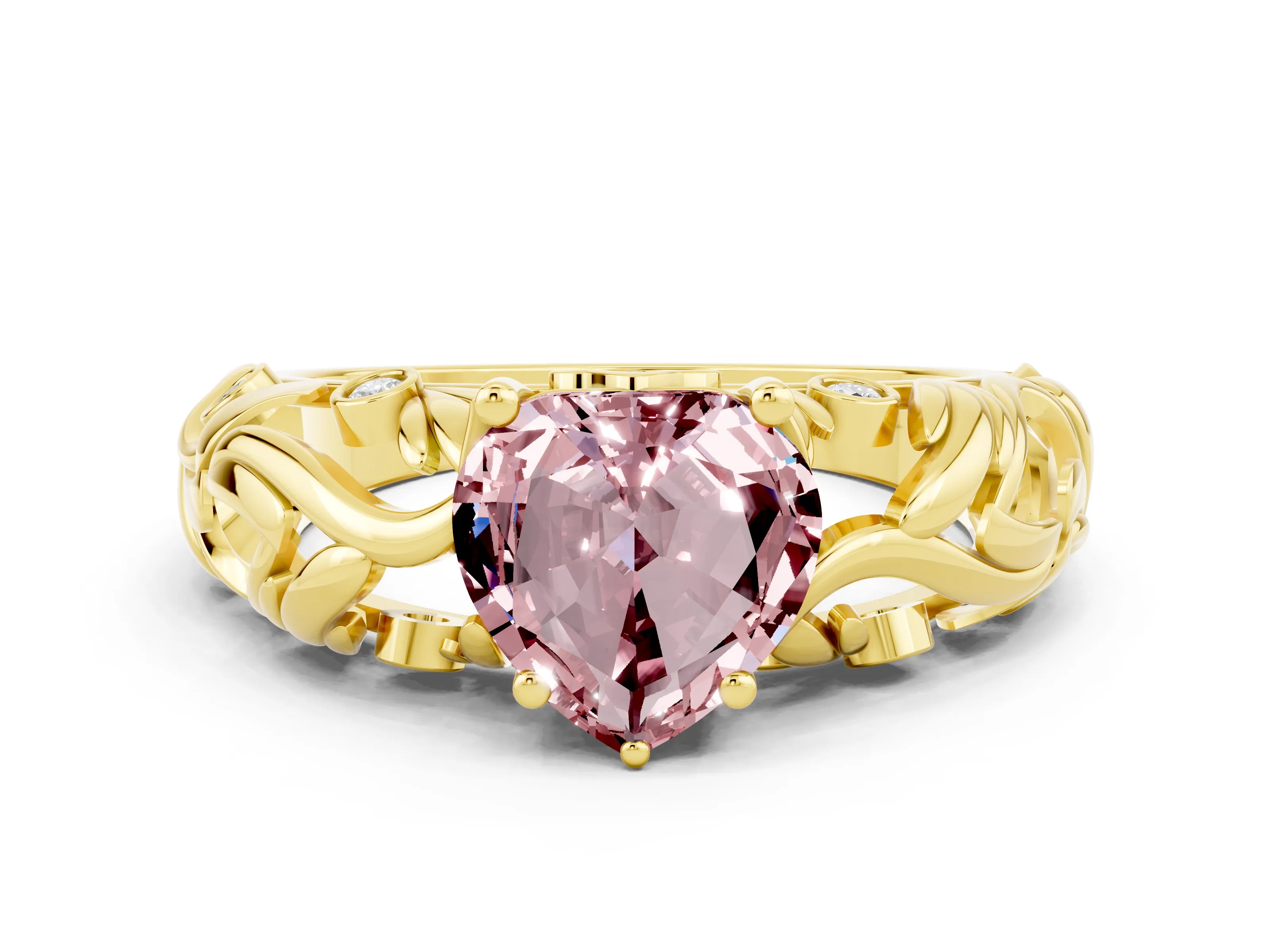 Yellow gold Heart Cut Solitaire Morganite Leaf-Inspired Vine Band Ring with Prong Setting