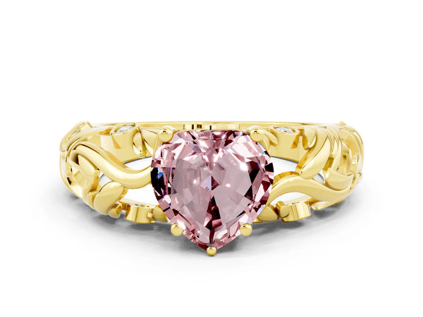Yellow gold Heart Cut Solitaire Morganite Leaf-Inspired Vine Band Ring with Prong Setting