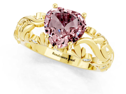 Yellow gold Heart Cut Solitaire Morganite Leaf-Inspired Vine Band Ring with Prong Setting_1