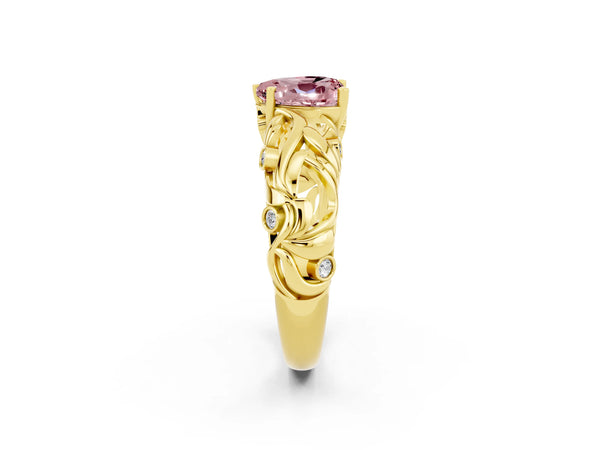 Yellow gold Heart Cut Solitaire Morganite Leaf-Inspired Vine Band Ring with Prong Setting