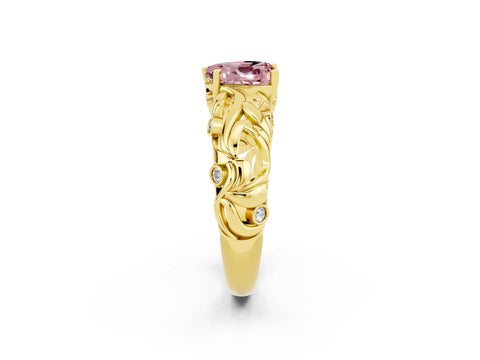 Yellow gold Heart Cut Solitaire Morganite Leaf-Inspired Vine Band Ring with Prong Setting_2