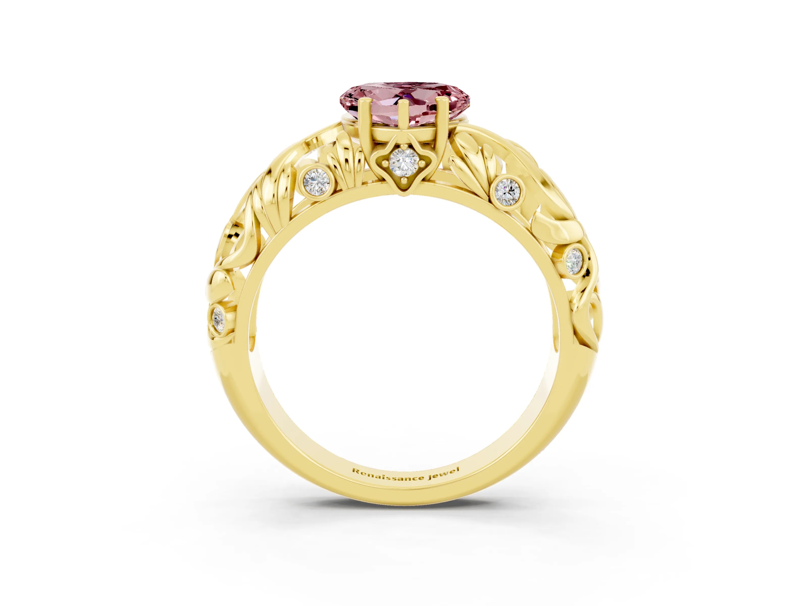 Yellow gold Heart Cut Solitaire Morganite Leaf-Inspired Vine Band Ring with Prong Setting_3