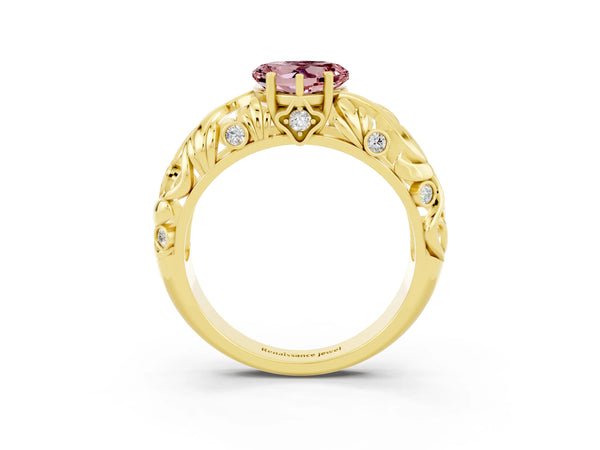 Yellow gold Heart Cut Solitaire Morganite Leaf-Inspired Vine Band Ring with Prong Setting