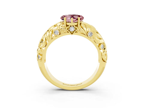 Yellow gold Heart Cut Solitaire Morganite Leaf-Inspired Vine Band Ring with Prong Setting_3