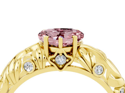 Yellow gold Heart Cut Solitaire Morganite Leaf-Inspired Vine Band Ring with Prong Setting_4