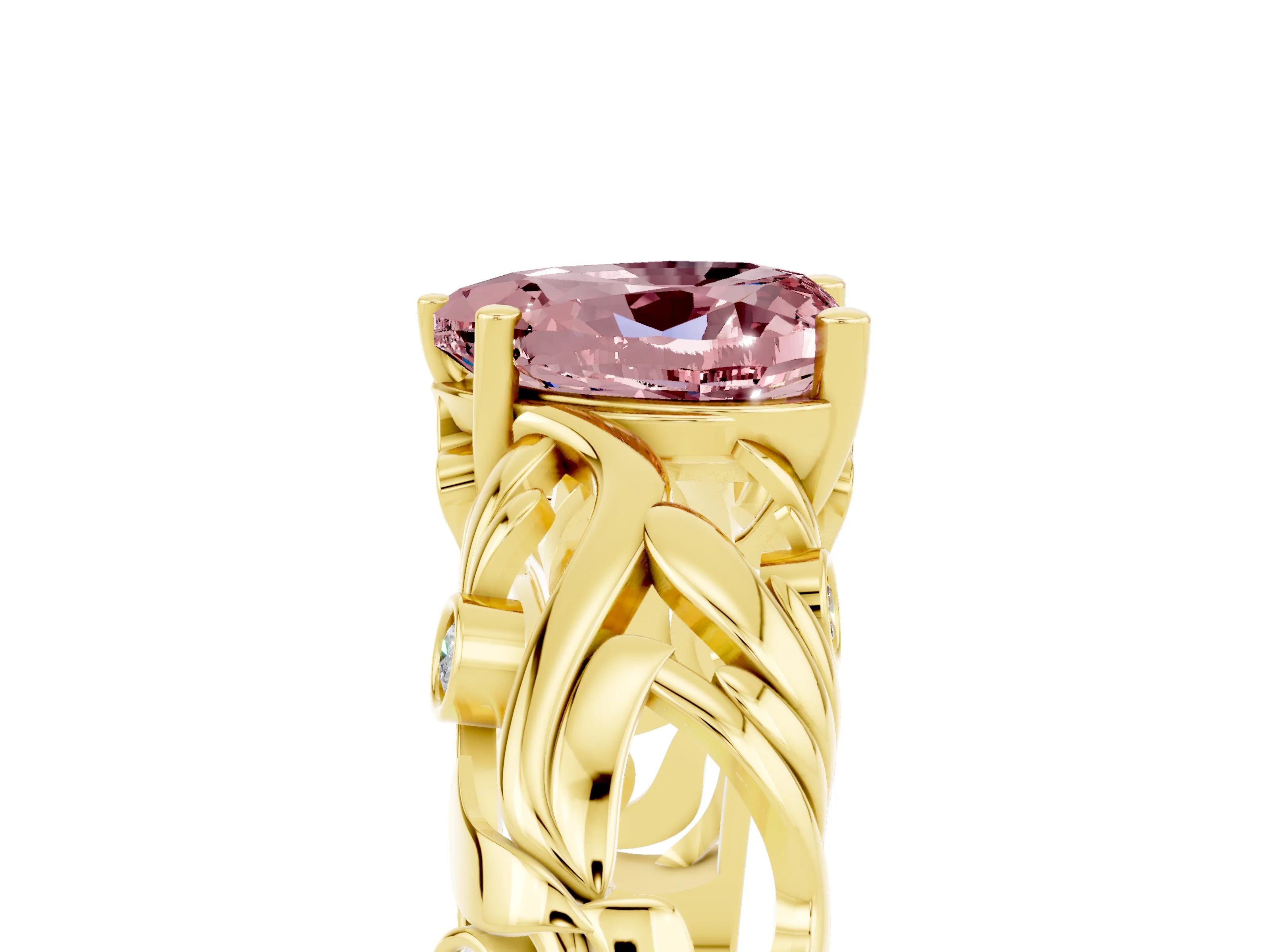 Yellow gold Heart Cut Solitaire Morganite Leaf-Inspired Vine Band Ring with Prong Setting_5