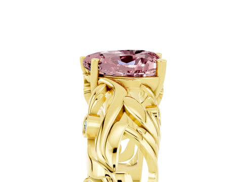 Yellow gold Heart Cut Solitaire Morganite Leaf-Inspired Vine Band Ring with Prong Setting_5