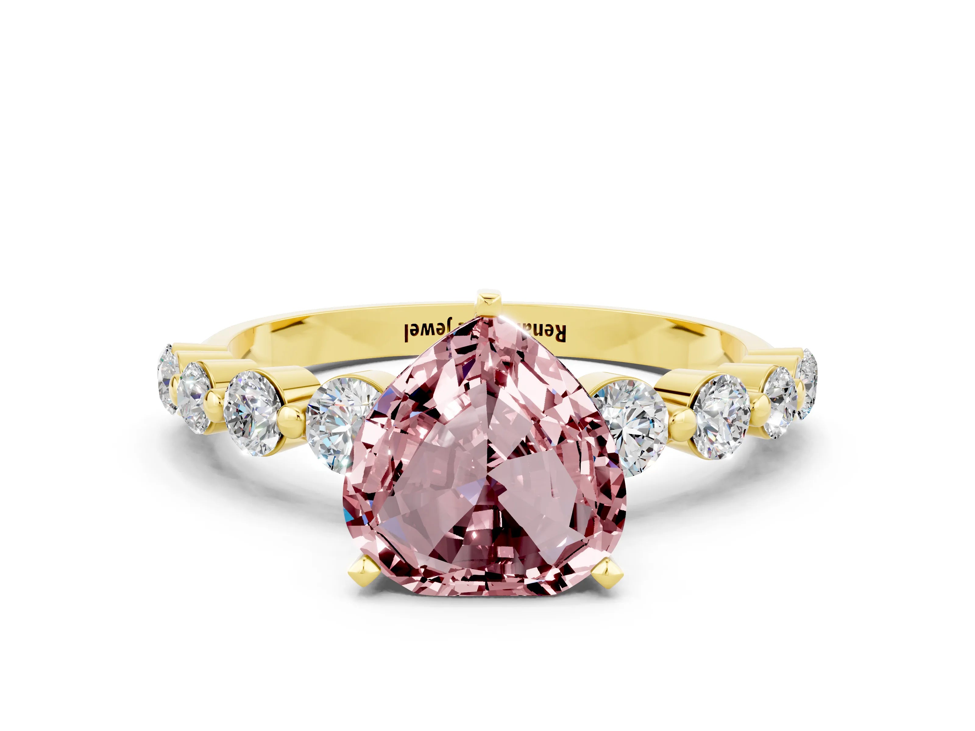 Yellow gold Heart Cut Solitaire Morganite Ring with Pave Band and Four-Prong Setting