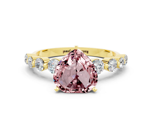 Yellow gold Heart Cut Solitaire Morganite Ring with Pave Band and Four-Prong Setting