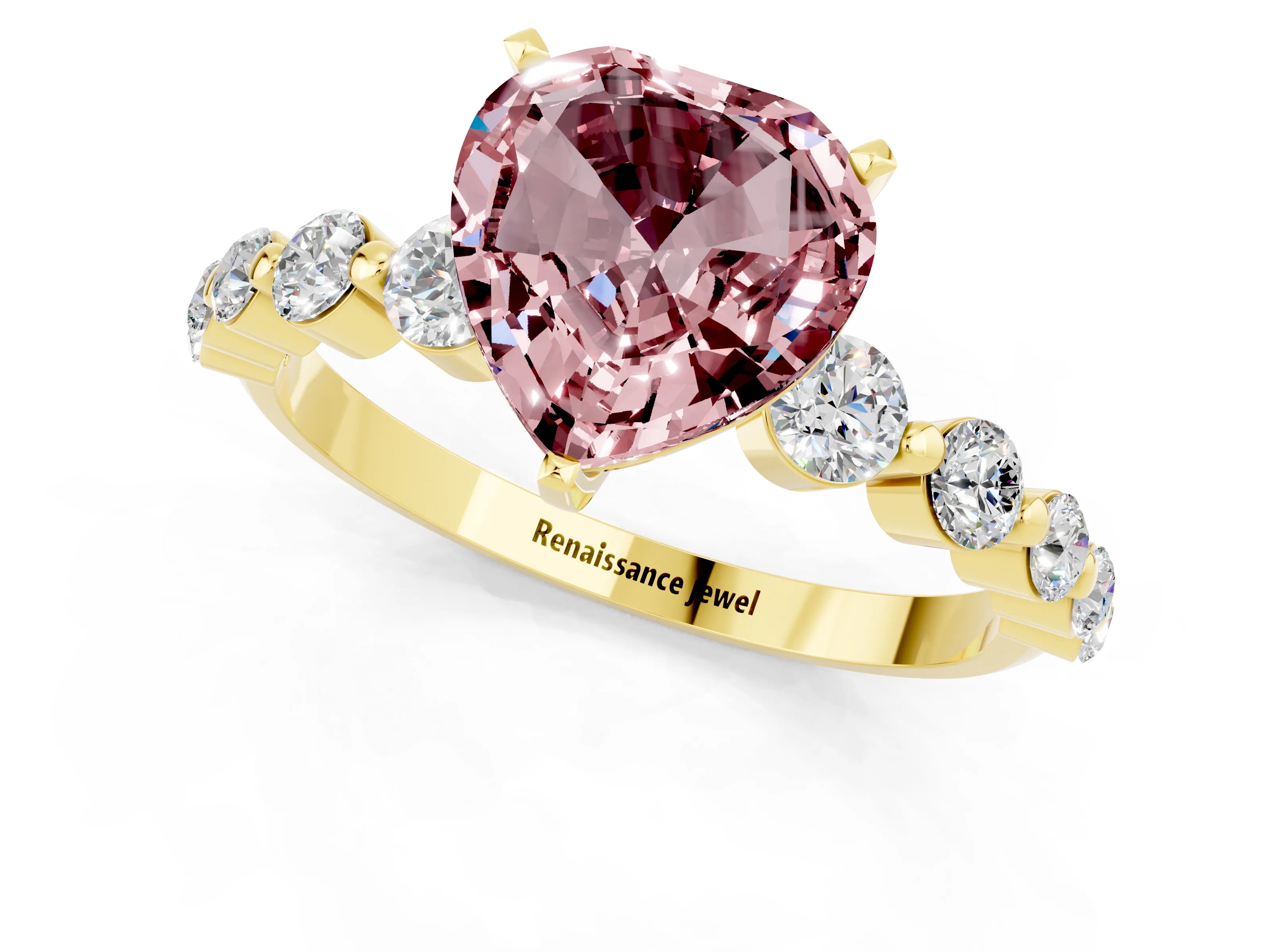 Yellow gold Heart Cut Solitaire Morganite Ring with Pave Band and Four-Prong Setting_1