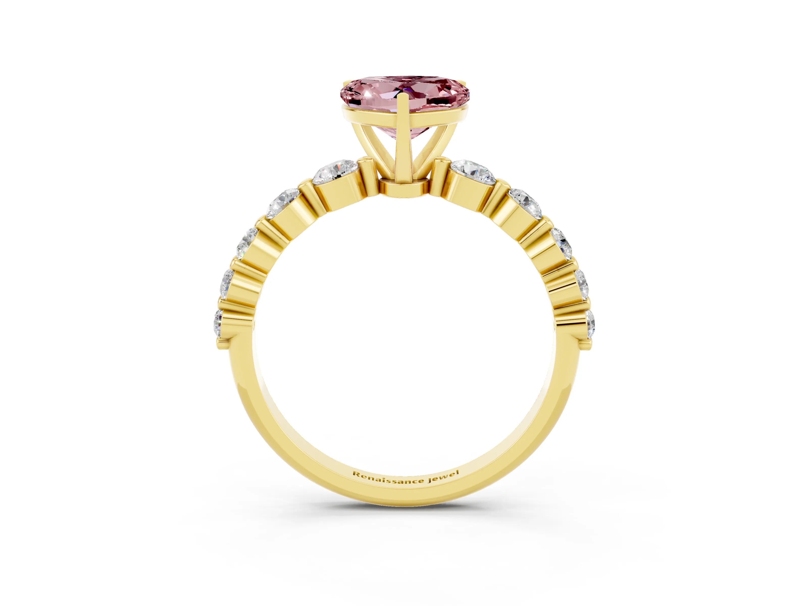 Yellow gold Heart Cut Solitaire Morganite Ring with Pave Band and Four-Prong Setting_3