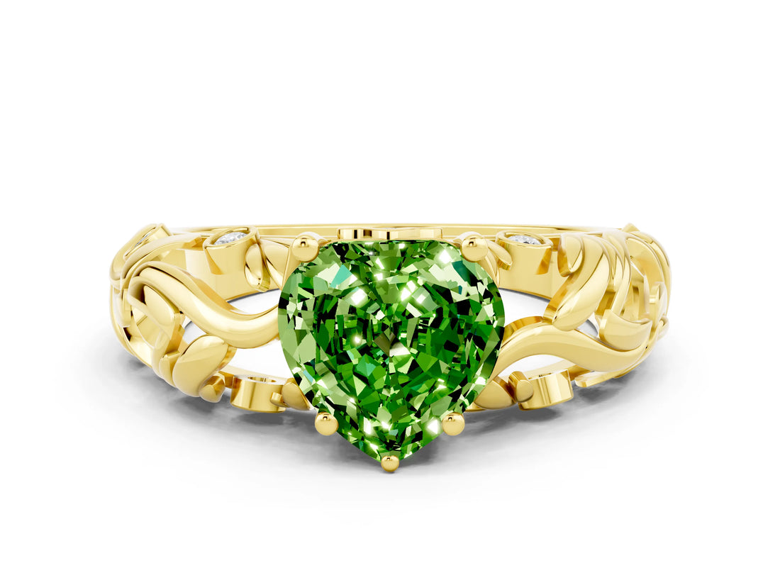 Yellow gold Heart Cut Solitaire Peridot Leaf-Inspired Vine Band Ring with Prong Setting