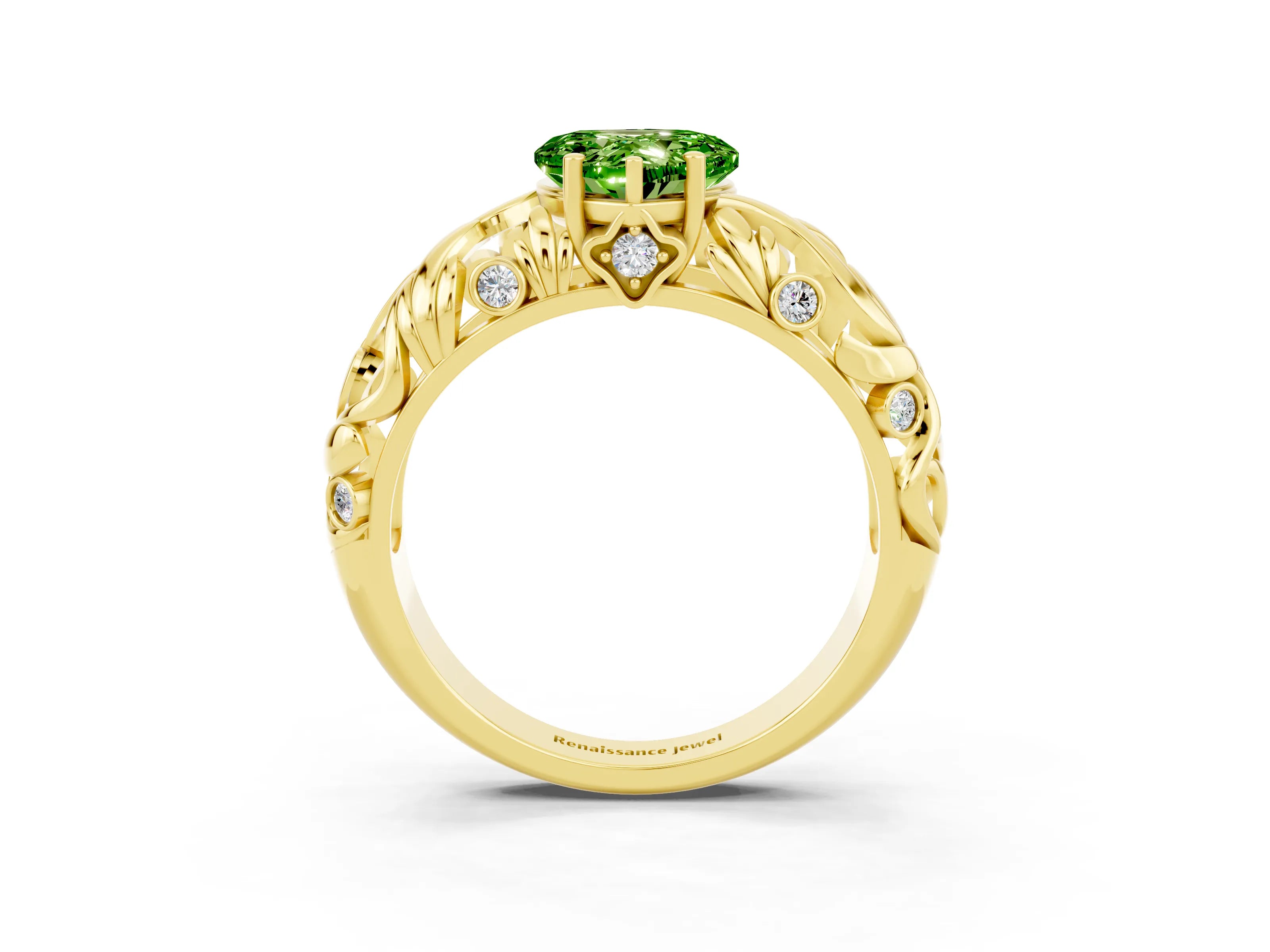 Yellow gold Heart Cut Solitaire Peridot Leaf-Inspired Vine Band Ring with Prong Setting_3
