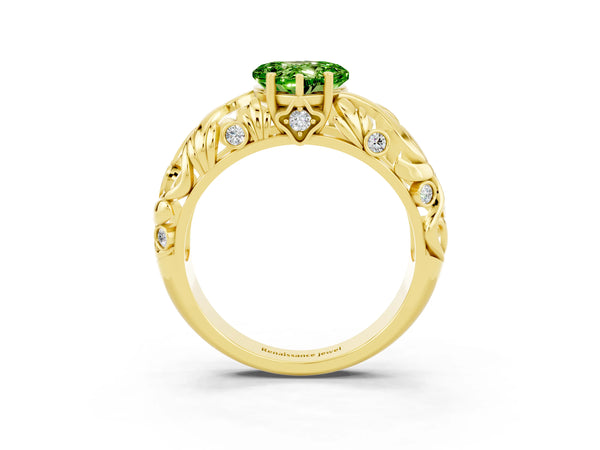 Yellow gold Heart Cut Solitaire Peridot Leaf-Inspired Vine Band Ring with Prong Setting