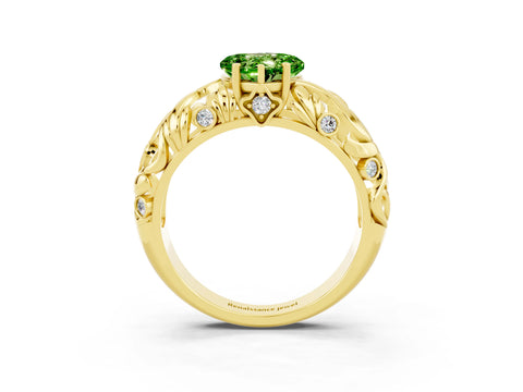 Yellow gold Heart Cut Solitaire Peridot Leaf-Inspired Vine Band Ring with Prong Setting_3