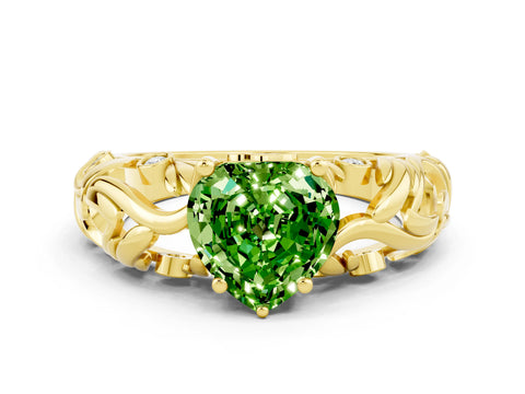 Yellow gold Heart Cut Solitaire Peridot Leaf-Inspired Vine Band Ring with Prong Setting