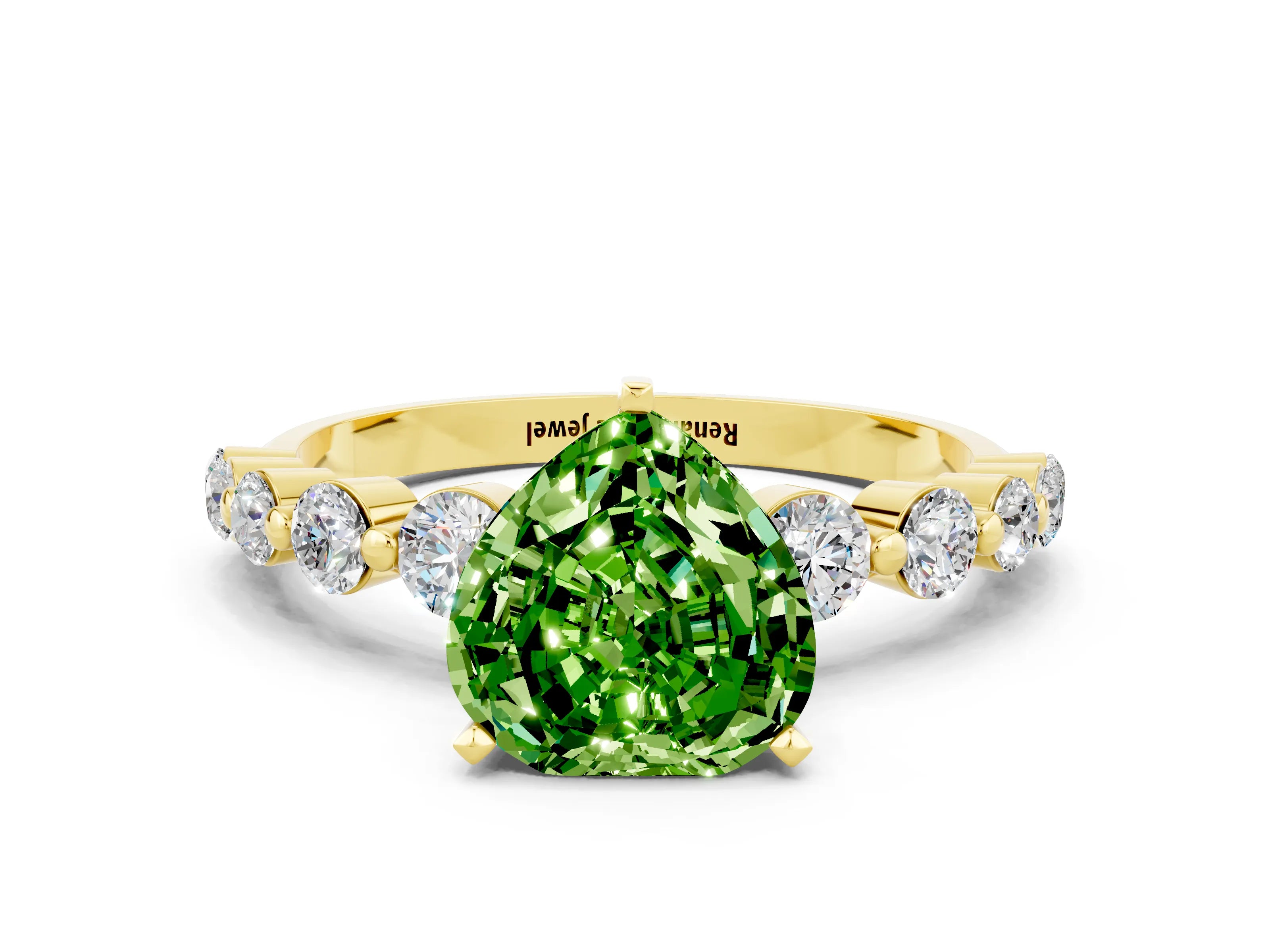 Yellow gold Heart Cut Solitaire Peridot Ring with Pave Band and Four-Prong Setting