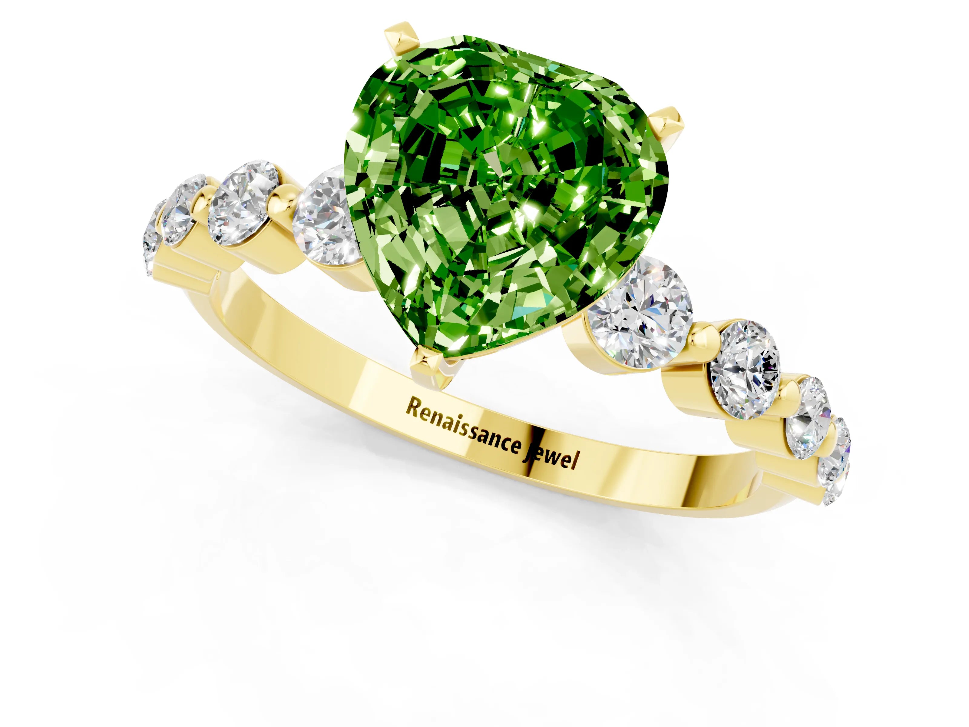 Yellow gold Heart Cut Solitaire Peridot Ring with Pave Band and Four-Prong Setting_1