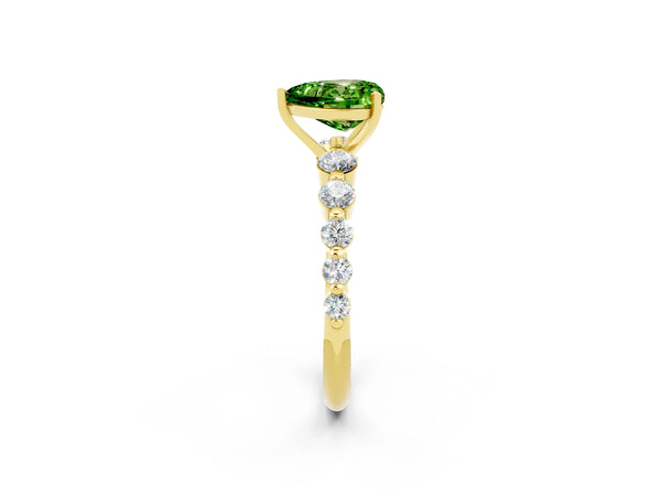 Yellow gold Heart Cut Solitaire Peridot Ring with Pave Band and Four-Prong Setting